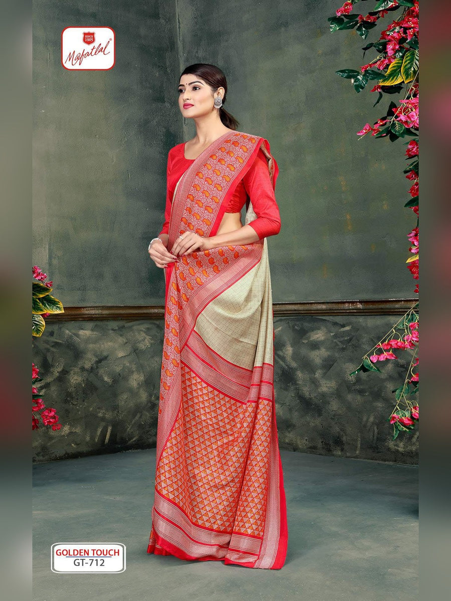 Mafatlal Golden Touch Uniform Saree – Red & Beige (GT-712) - Front