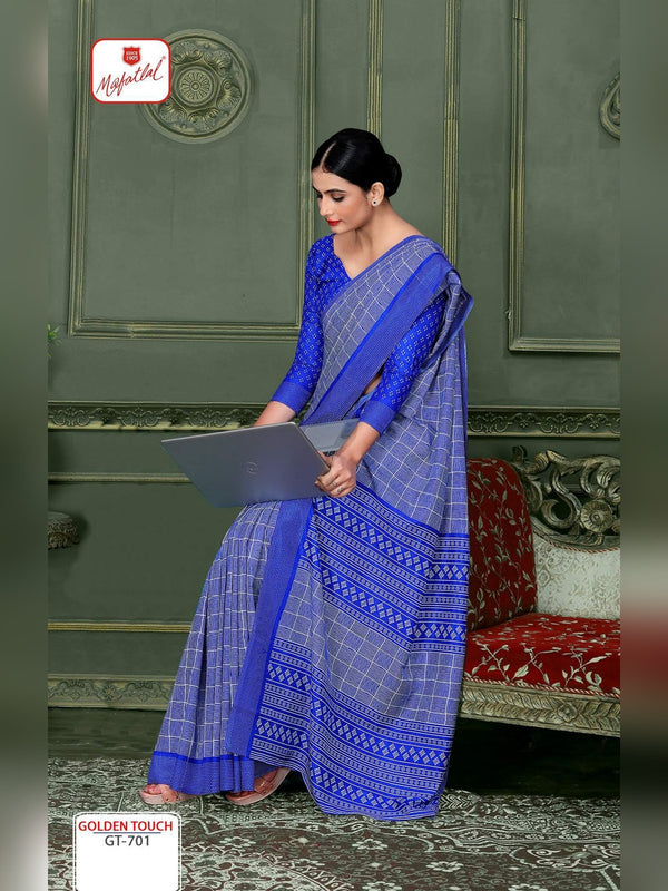 Mafatlal Golden Touch Uniform Saree - Royal Blue Check (GT-701)