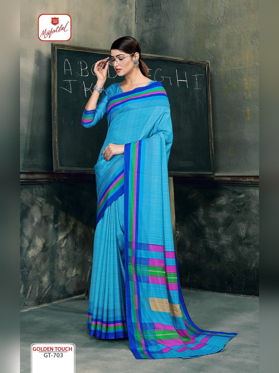 Mafatlal Golden Touch Uniform Saree – Sky Blue & Royal Blue (GT-703) - Front
