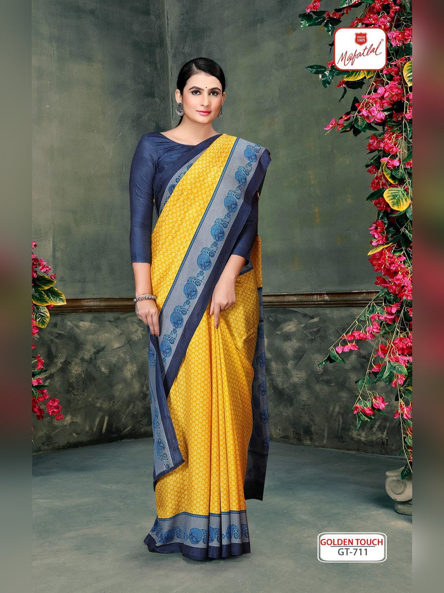 Mafatlal Golden Touch Uniform Saree – Yellow & Navy (GT-711) - Front