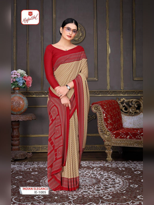 Mafatlal Indian Elegance Uniform Saree - Beige & Red (IE-1005)