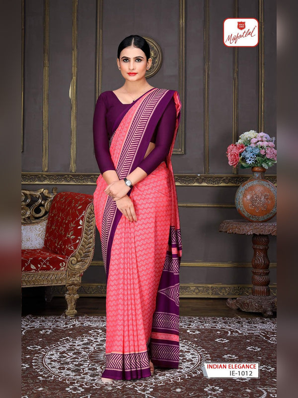 Mafatlal Indian Elegance Uniform Saree - Coral Pink & Purple (IE-1012)