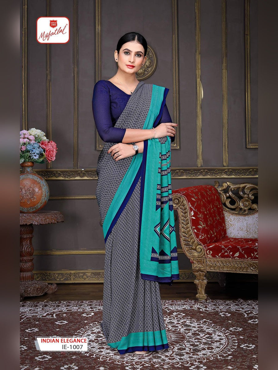 Mafatlal Indian Elegance Uniform Saree – Grey & Teal (IE-1007) - Front