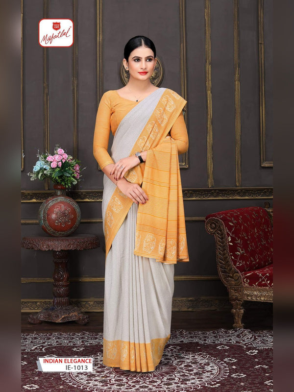 Mafatlal Indian Elegance Uniform Saree - Light Grey & Mustard (IE-1013)