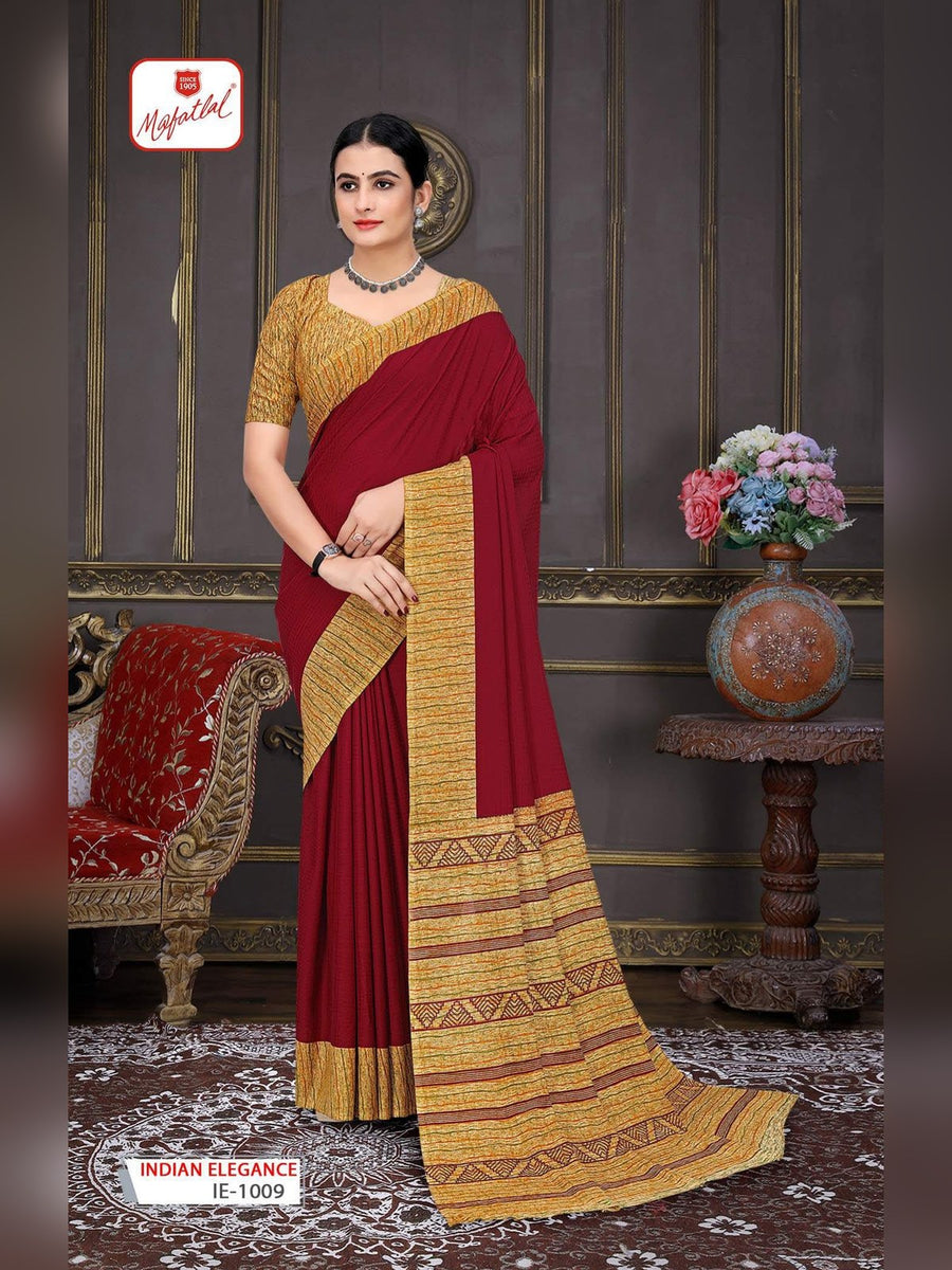 Mafatlal Indian Elegance Uniform Saree – Maroon & Mustard (IE-1009) - Front