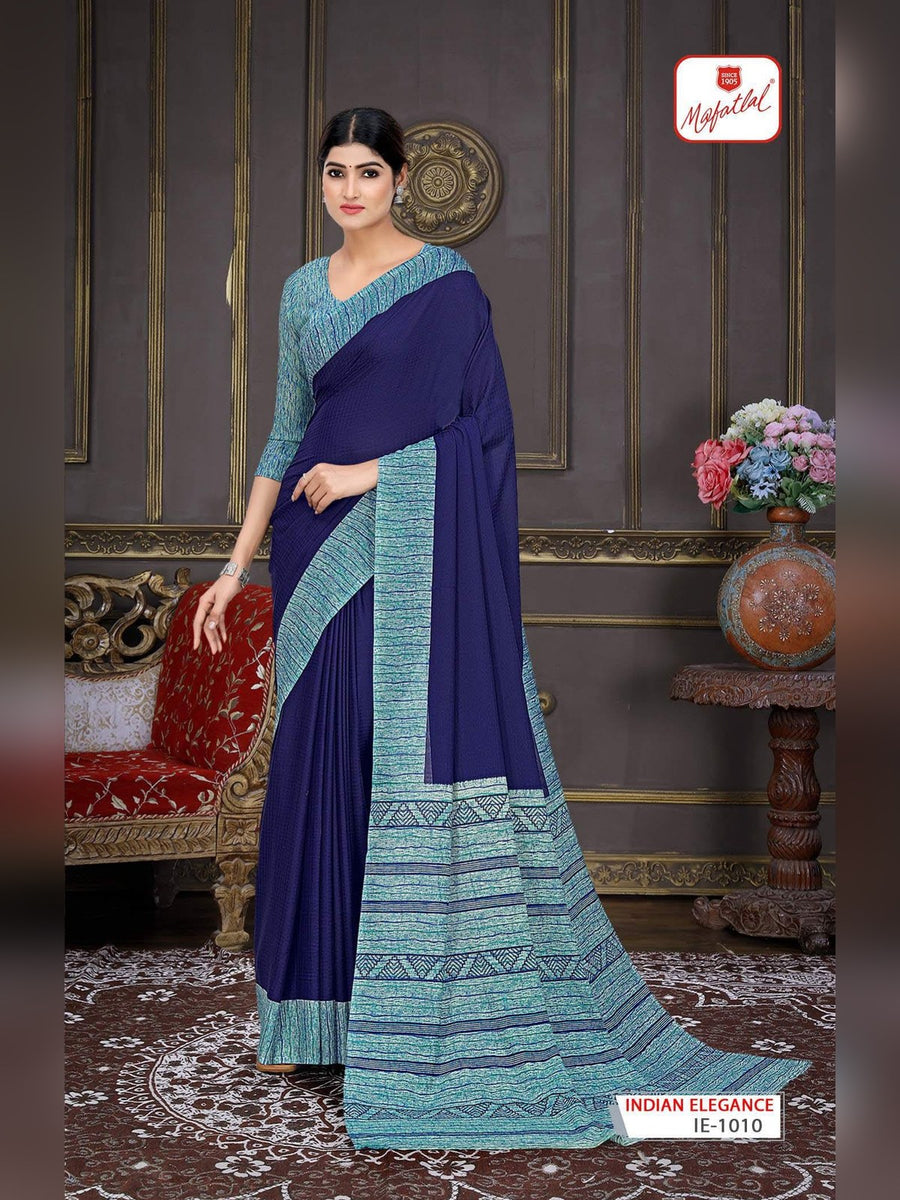 Mafatlal Indian Elegance Uniform Saree – Navy & Sky Blue (IE-1010) - Front