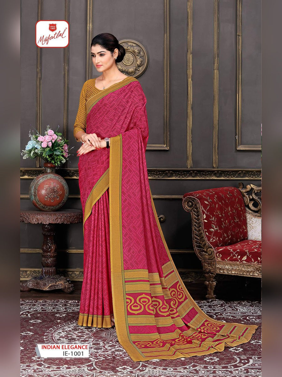 Mafatlal Indian Elegance Uniform Saree – Rani Pink & Mustard (IE-1001) - Front