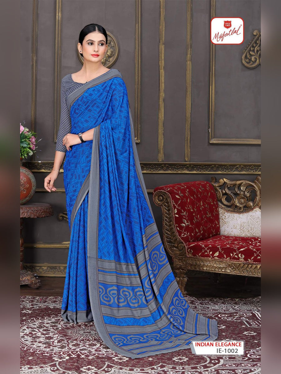 Mafatlal Indian Elegance Uniform Saree – Royal Blue & Grey (IE-1002) - Front