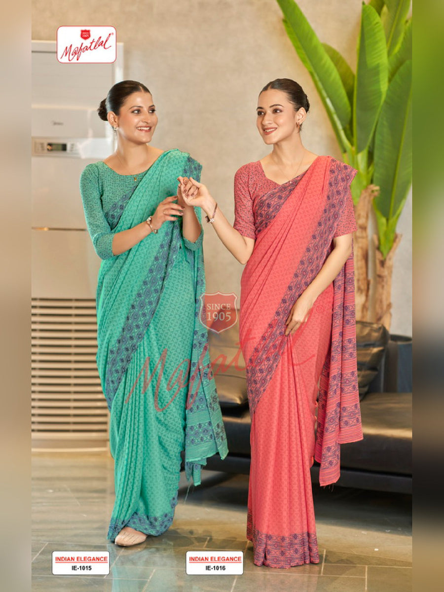 Mafatlal Indian Elegance Uniform Saree – Sea Green & Navy (IE-1015) - Front