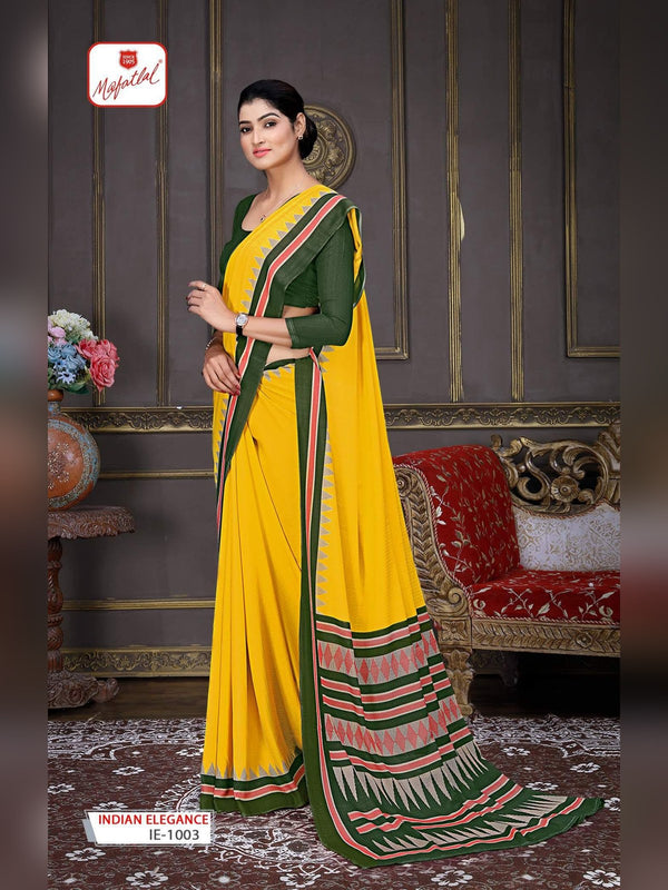 Mafatlal Indian Elegance Uniform Saree - Yellow & Bottle Green (IE-1003)