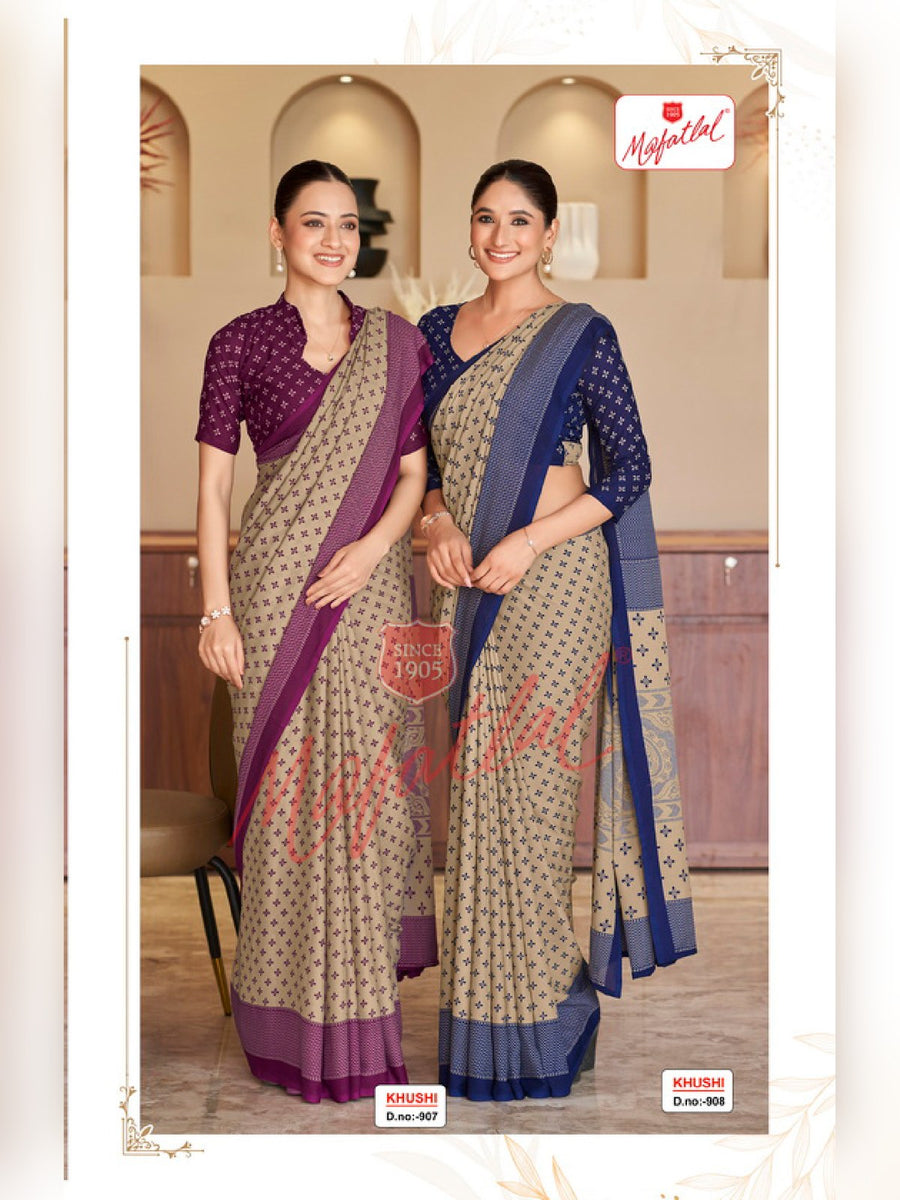 Mafatlal Khushi Uniform Saree – Beige & Purple (KHUSHI-907) - Front