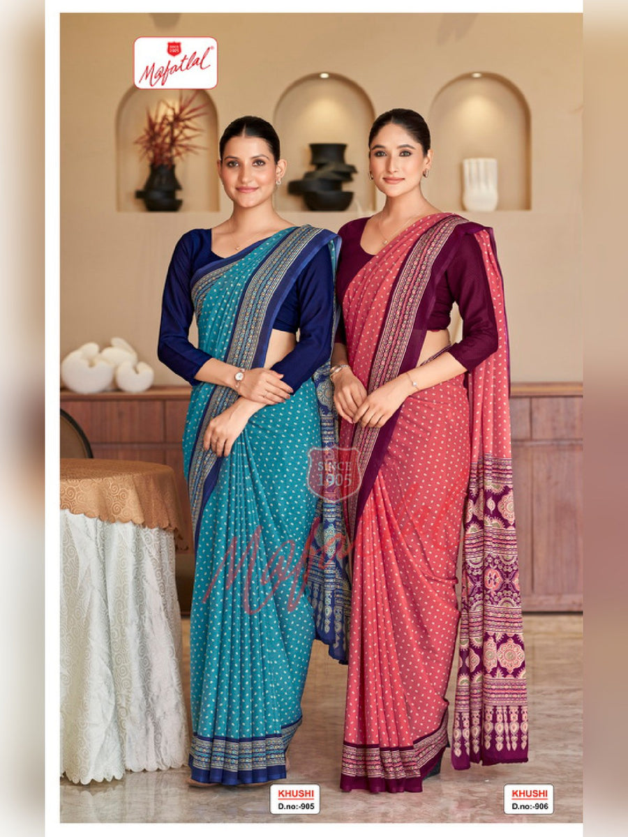 Mafatlal Khushi Uniform Saree – Teal Blue & Navy (KHUSHI-905) - Front