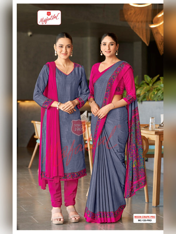 Mafatlal Moon Crepe Pro Uniform Saree & Suit – Grey & Rani Pink (MC PRO-120)
