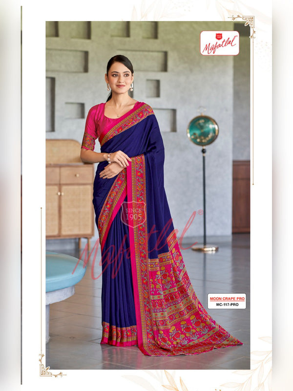 Mafatlal Moon Crepe Pro Uniform Saree – Navy & Rani Pink Floral (MC PRO-117) – saree view