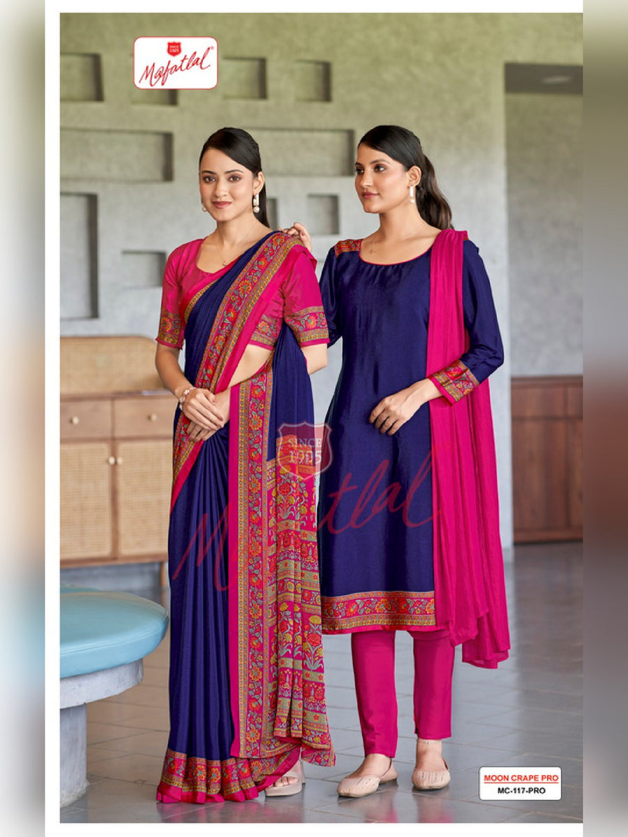 Mafatlal Moon Crepe Pro Uniform Saree & Suit – Navy & Rani Pink Floral (MC PRO-117) - Front