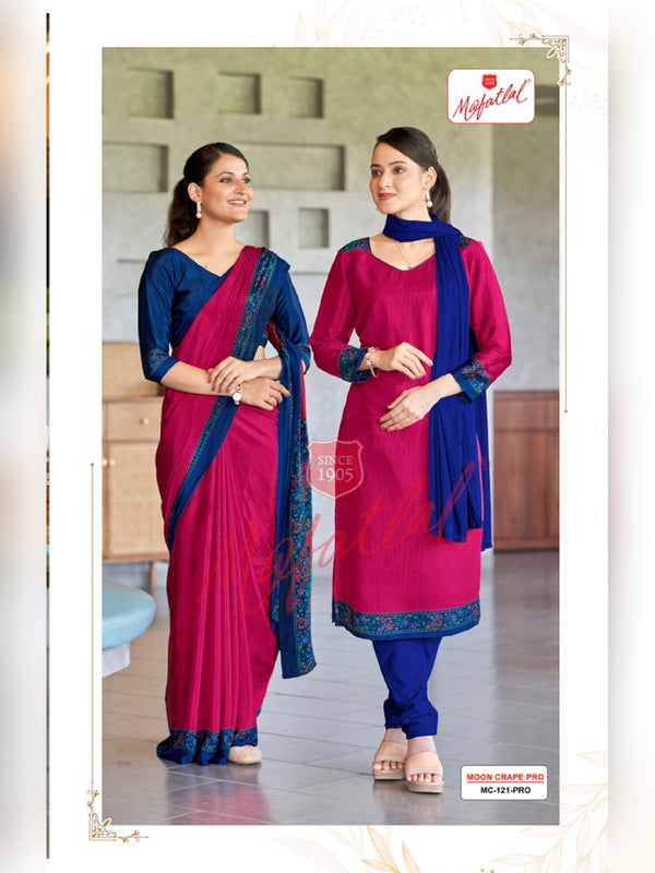 Mafatlal Moon Crepe Pro Uniform Saree & Suit – Rani Pink & Royal Blue (MC PRO-121)