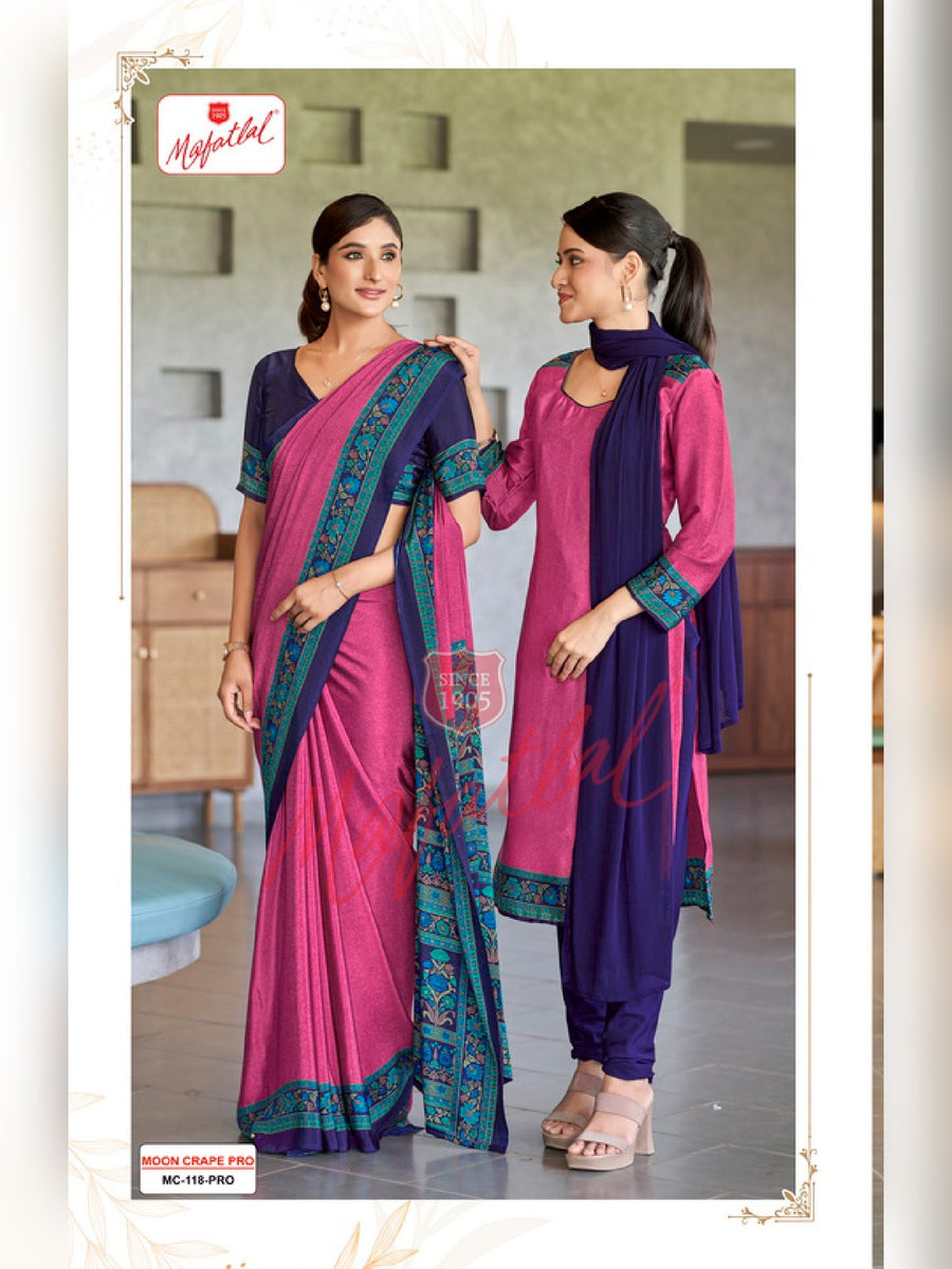 Mafatlal Moon Crepe Pro Uniform Saree & Suit – Rani Pink & Teal (MC PRO-118) - Front