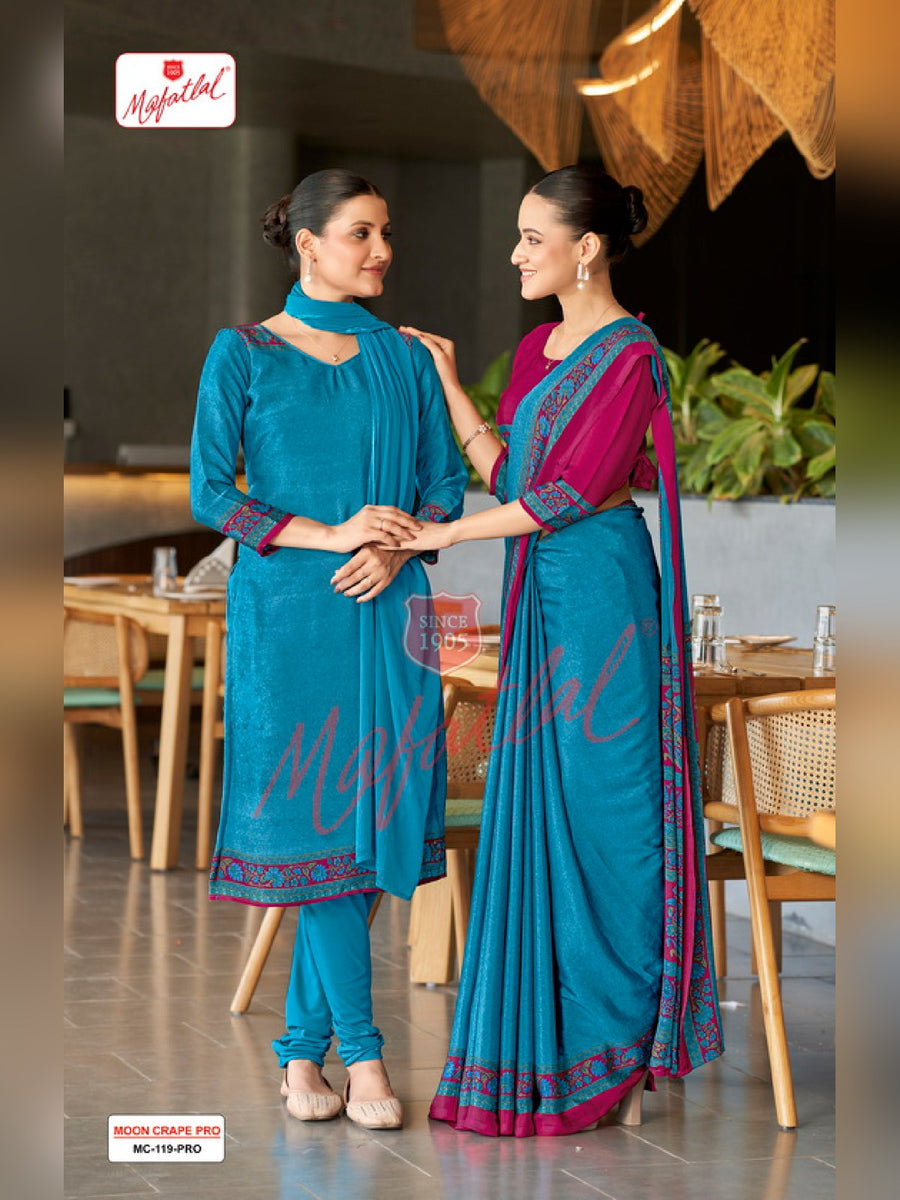 Mafatlal Moon Crepe Pro Uniform Saree & Suit – Teal Blue & Rani Pink (MC PRO-119) - Front