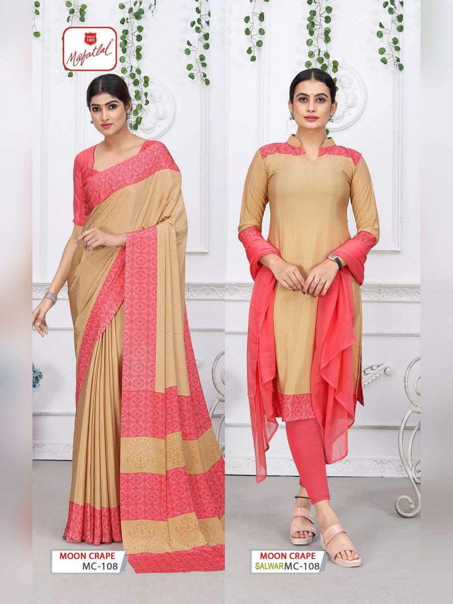 Mafatlal Moon Crepe Uniform Saree & Suit – Beige & Coral Pink (MC-108) - Front