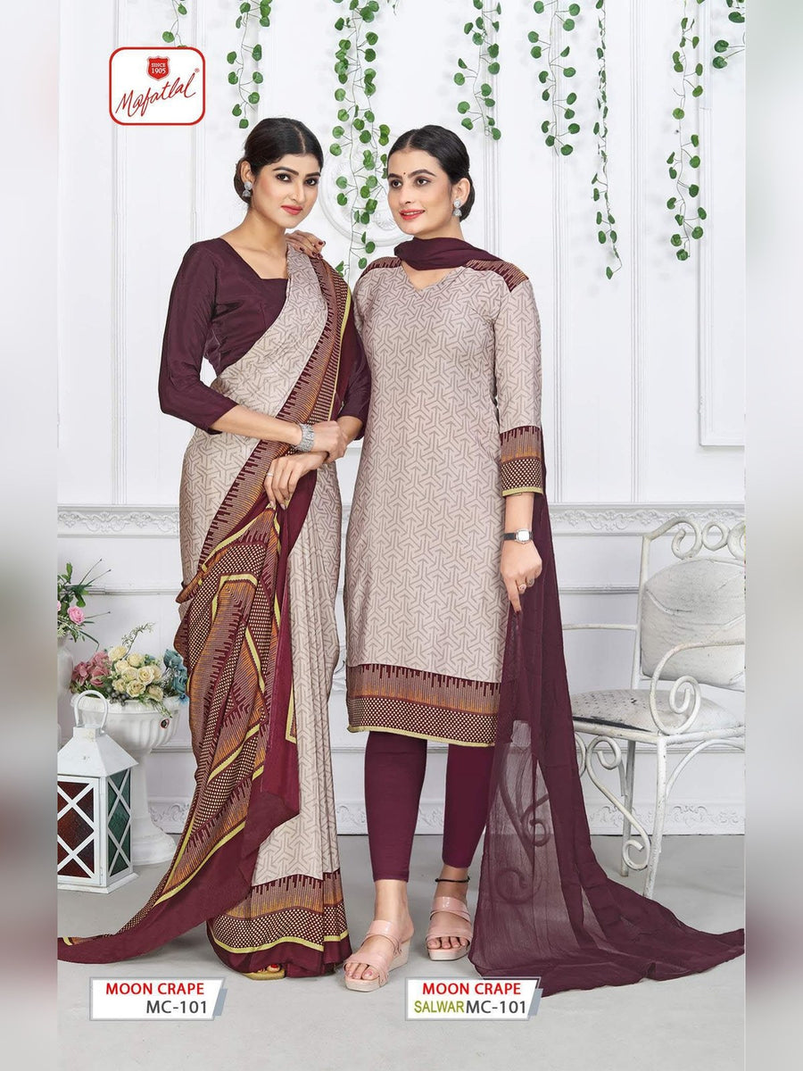 Mafatlal Moon Crepe Uniform Saree & Suit – Beige & Maroon (MC-101) - Front