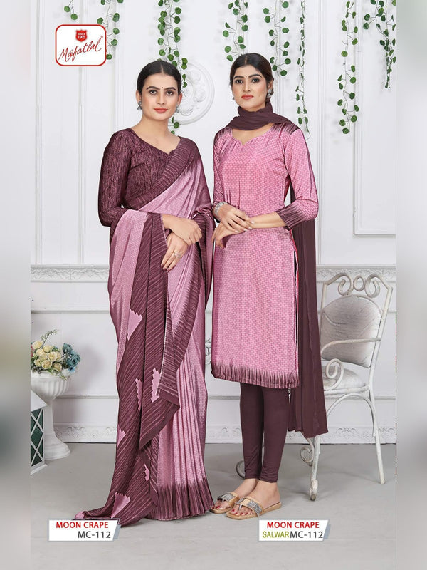Mafatlal Moon Crepe Uniform Saree & Suit - Mauve Pink & Wine (MC-112)