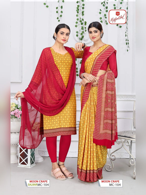 Mafatlal Moon Crepe Uniform Saree & Suit - Mustard & Red (MC-104)