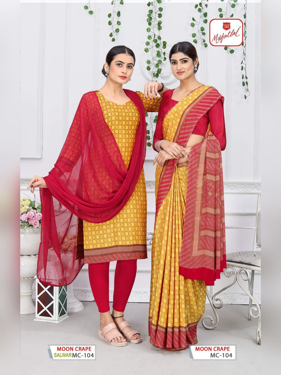 Mafatlal Moon Crepe Uniform Saree & Suit – Mustard & Red (MC-104) - Front