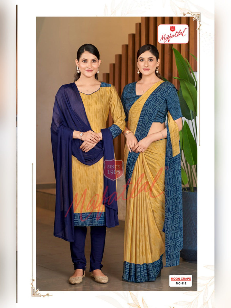 Mafatlal Moon Crepe Uniform Saree & Suit – Mustard & Teal Blue (MC-115) - Front