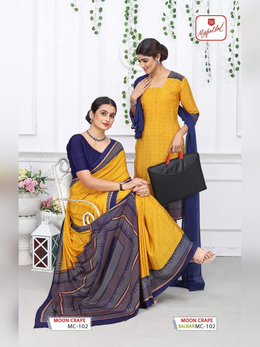 Mafatlal Moon Crepe Uniform Saree & Suit – Mustard Yellow & Navy (MC-102) - Front