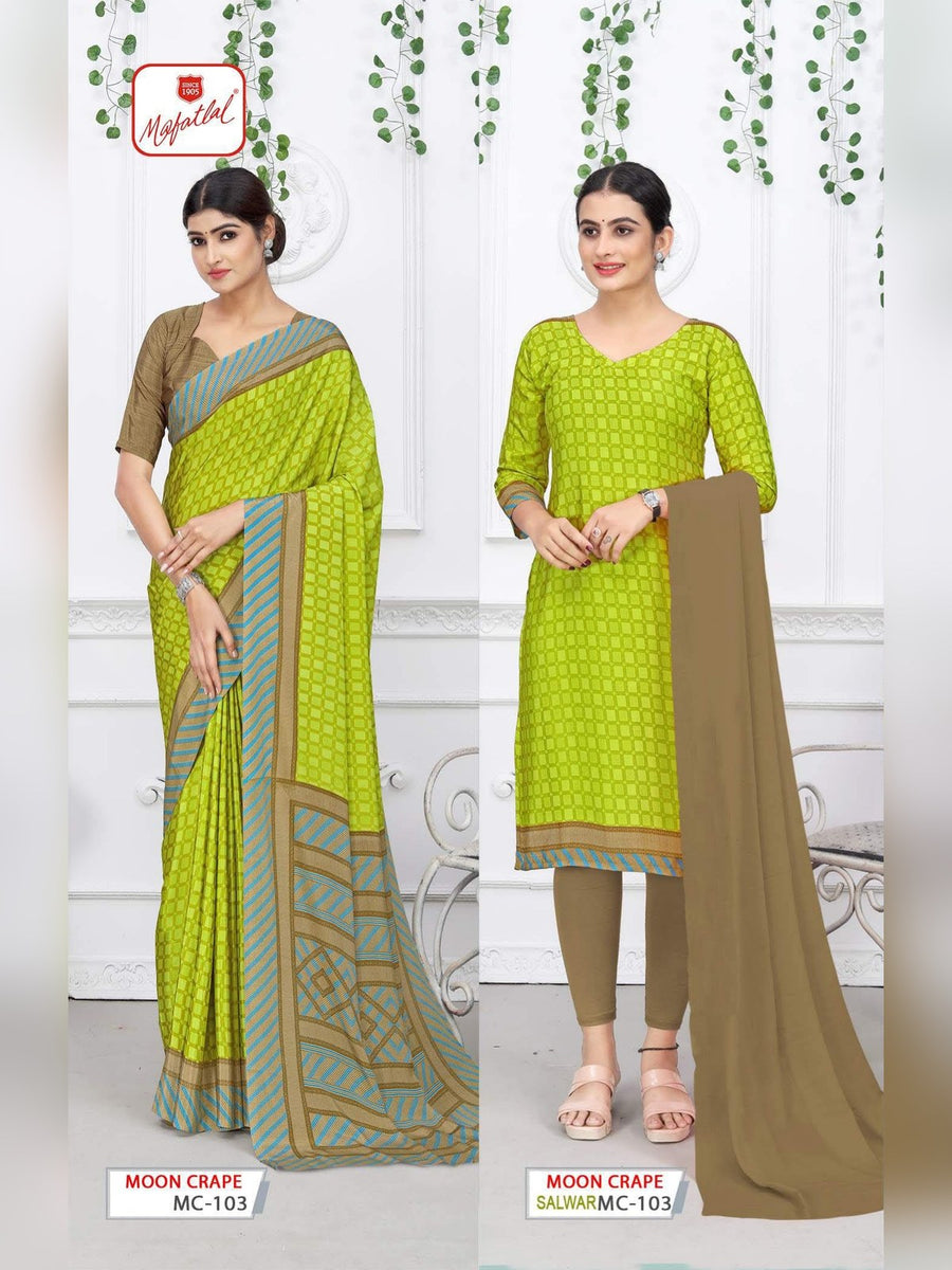 Mafatlal Moon Crepe Uniform Saree & Suit – Parrot Green & Olive (MC-103) - Front