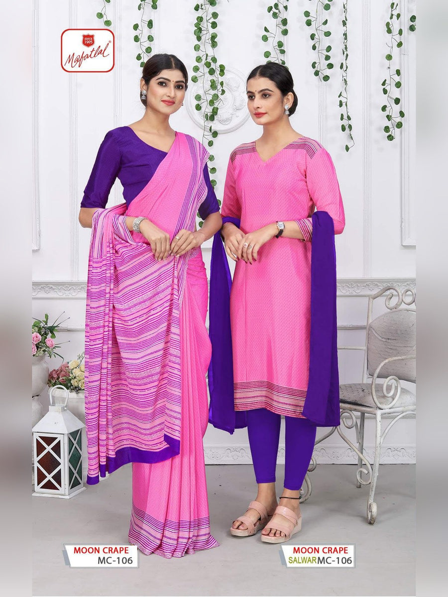 Mafatlal Moon Crepe Uniform Saree & Suit – Pink & Purple (MC-106) - Front