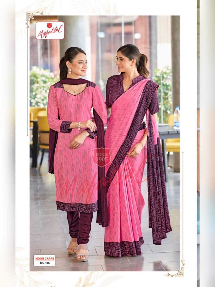 Mafatlal Moon Crepe Uniform Saree & Suit – Pink & Wine (MC-116) - Front