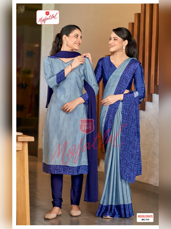 Mafatlal Moon Crepe Uniform Saree & Suit – Powder Blue & Royal Blue (MC-114)