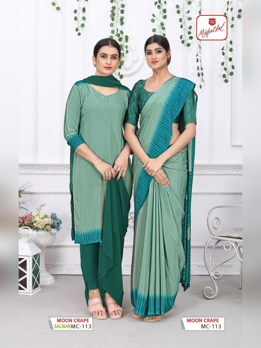 Mafatlal Moon Crepe Uniform Saree & Suit – Sage Green & Bottle Green (MC-113) - Front