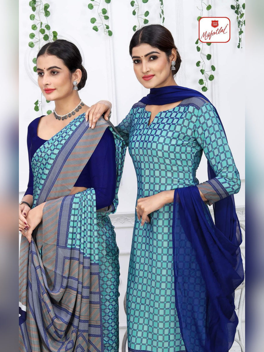 Mafatlal Moon Crepe Uniform Saree & Suit – Teal & Navy (MC-105) - Back