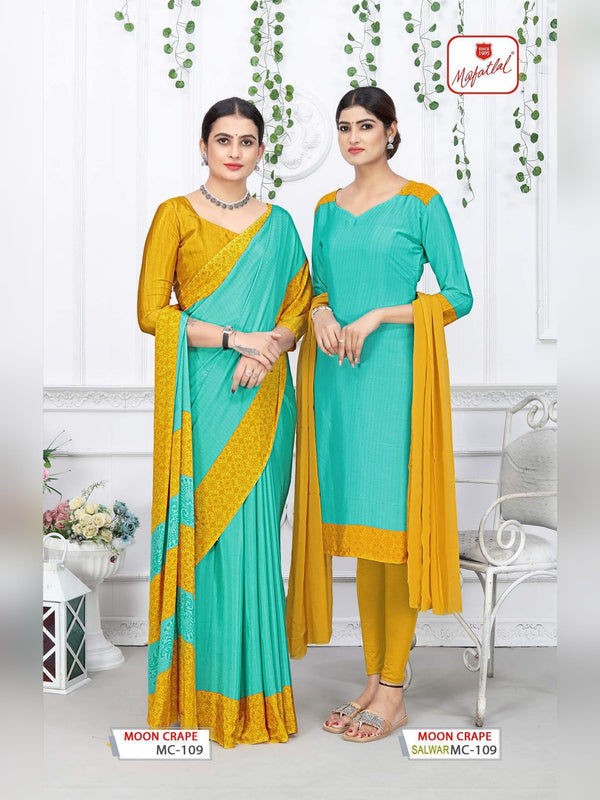 Mafatlal Moon Crepe Uniform Saree & Suit - Turquoise & Mustard (MC-109)