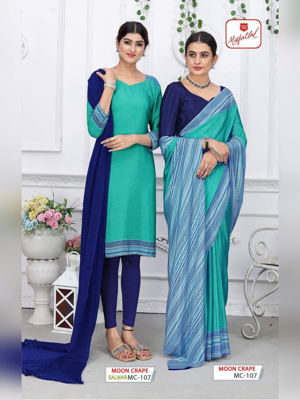 Mafatlal Moon Crepe Uniform Saree & Suit - Turquoise & Navy (MC-107)