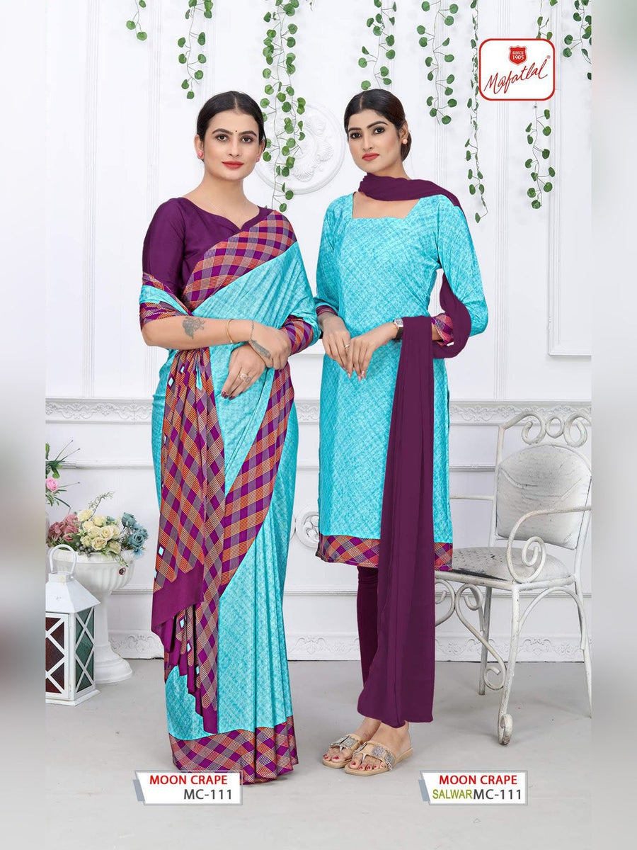 Mafatlal Moon Crepe Uniform Saree & Suit – Turquoise & Purple Check (MC-111) - Front