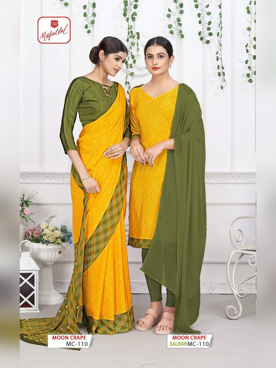 Mafatlal Moon Crepe Uniform Saree & Suit – Yellow & Olive Green (MC-110) - Front