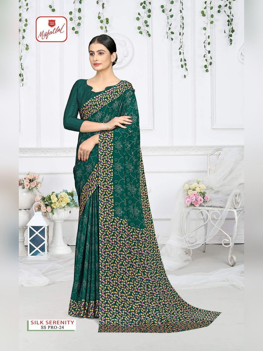 Mafatlal Silk Serenity Pro Uniform Saree – Bottle Green Floral (SS PRO-24) - Front