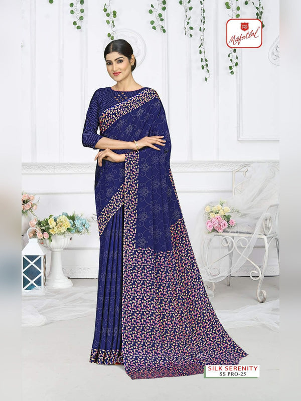 Mafatlal Silk Serenity Pro Uniform Saree - Navy Blue Floral (SS PRO-25)