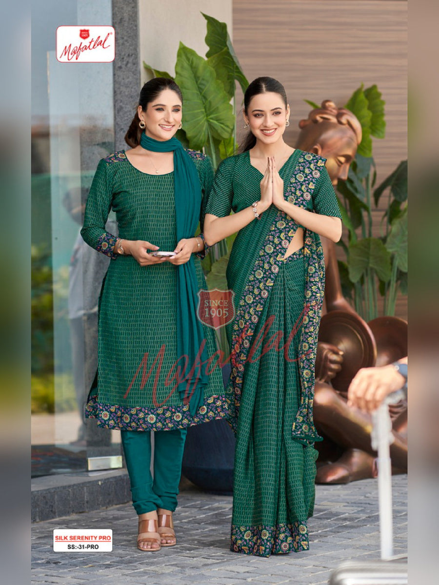 Mafatlal Silk Serenity Pro Uniform Saree & Suit – Bottle Green Floral (SS PRO-31) - Front