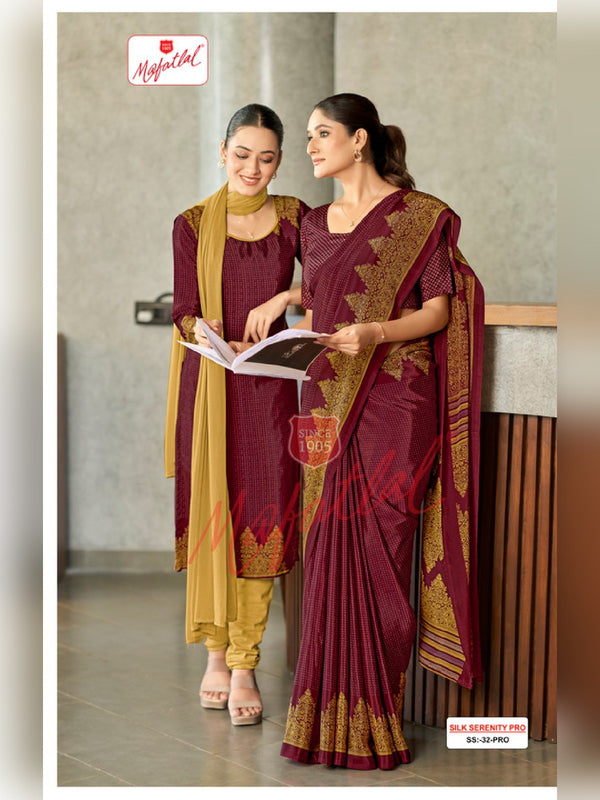Mafatlal Silk Serenity Pro Uniform Saree & Suit – Maroon & Mustard (SS PRO-32)