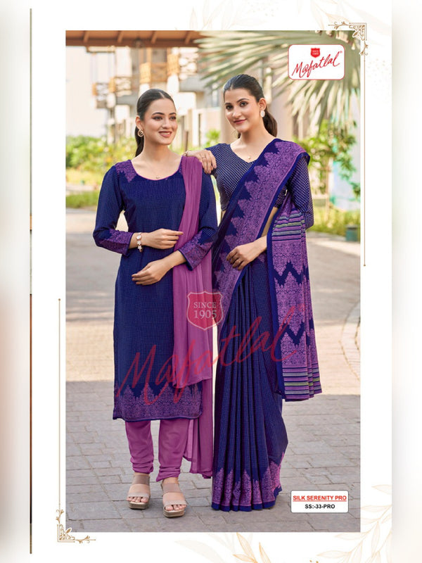 Mafatlal Silk Serenity Pro Uniform Saree & Suit – Navy & Orchid Purple (SS PRO-33)