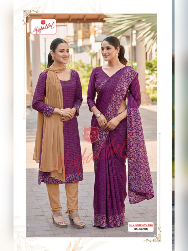 Mafatlal Silk Serenity Pro Uniform Saree & Suit – Purple Floral & Beige (SS PRO-30)