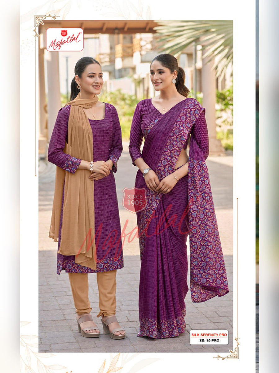 Mafatlal Silk Serenity Pro Uniform Saree & Suit – Purple Floral & Beige (SS PRO-30) - Front