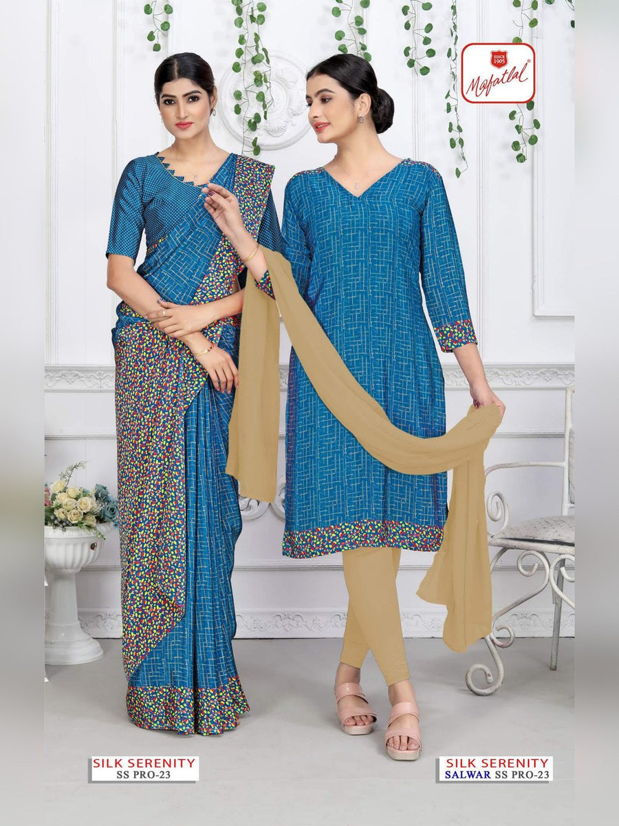Mafatlal Silk Serenity Pro Uniform Saree & Suit – Teal Blue & Beige (SS PRO-23) - Front