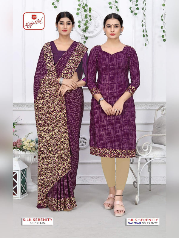 Mafatlal Silk Serenity Pro Uniform Saree & Suit - Wine Purple & Beige (SS PRO-22)