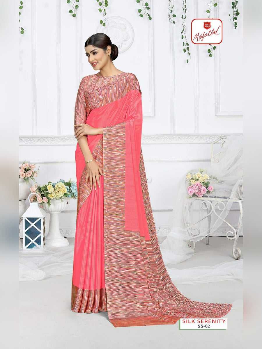 Mafatlal Silk Serenity Uniform Saree – Coral Pink & Peach (SS-02) - Front