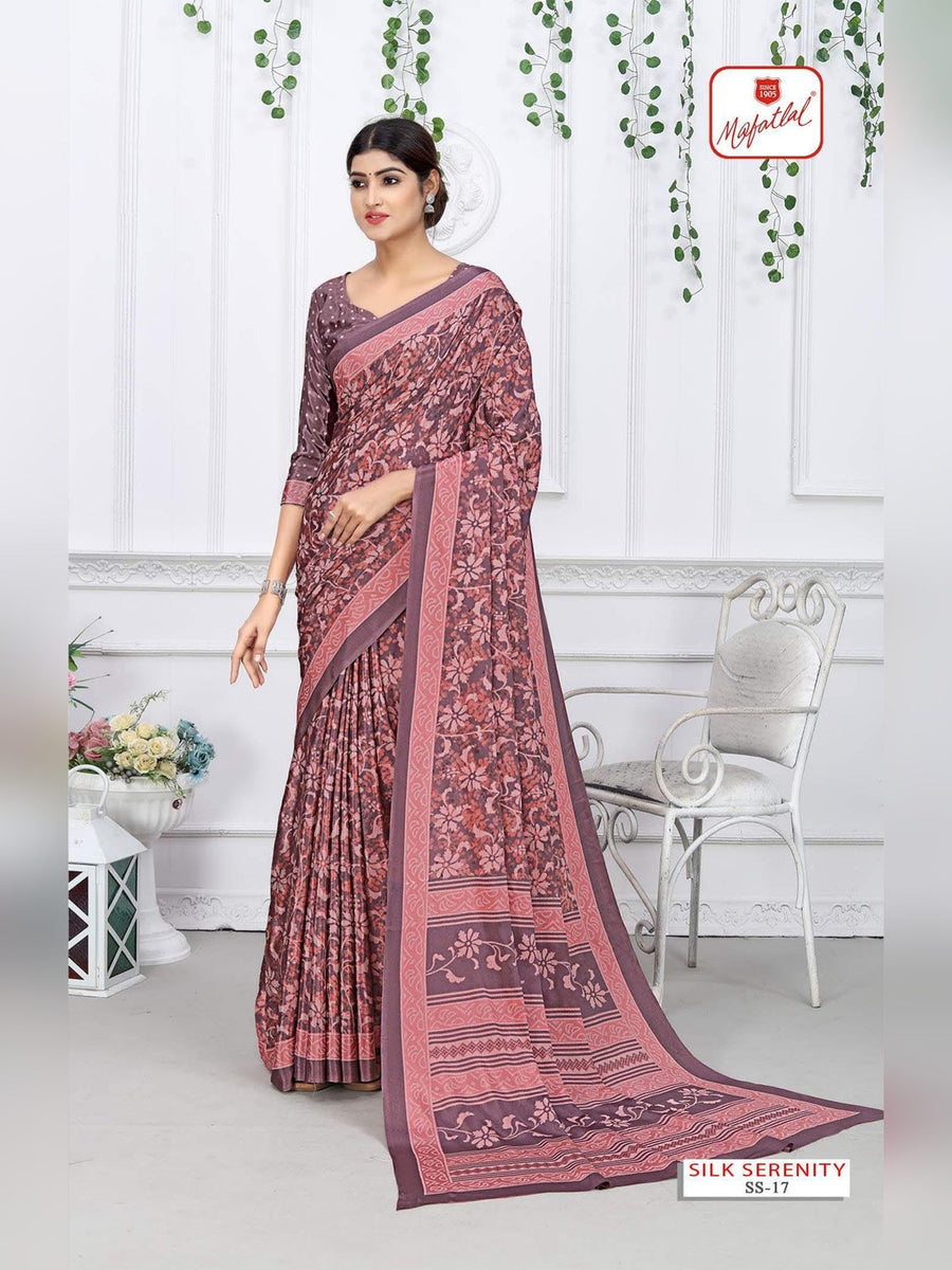 Mafatlal Silk Serenity Uniform Saree – Mauve Pink & Wine (SS-17) - Front